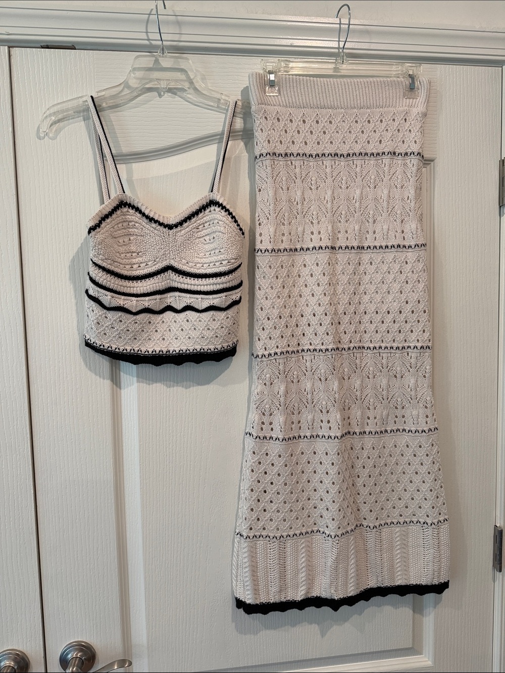 Olive & Oak Cream Crochet Maxi Skirt with Matching Knit Crop Top - Black Trim